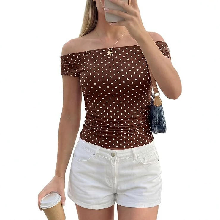 Women's Off-Shoulder Fitted Polka Dot Top with Gathered Side Seam Mune Fashion