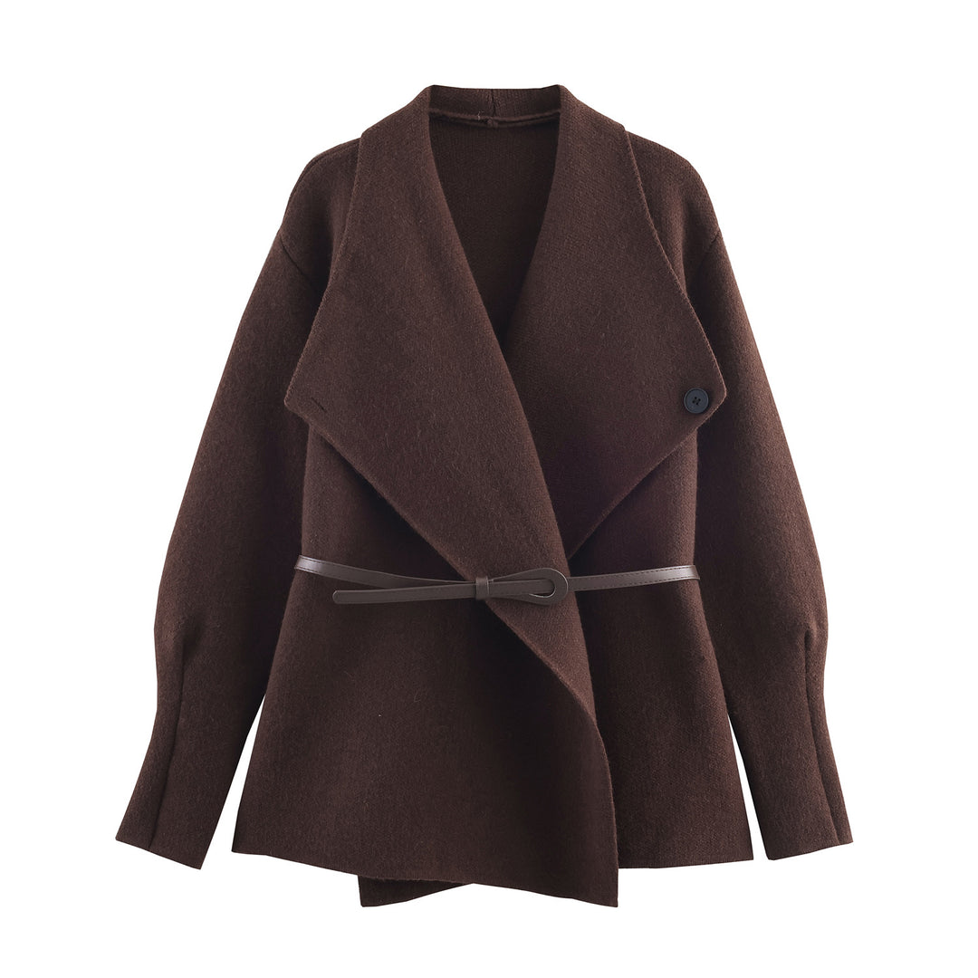 Women's Short Cut Wool Blend Cardigan Coat with Wide Shawl Collar and Narrow Tie Belt Mune Fashion