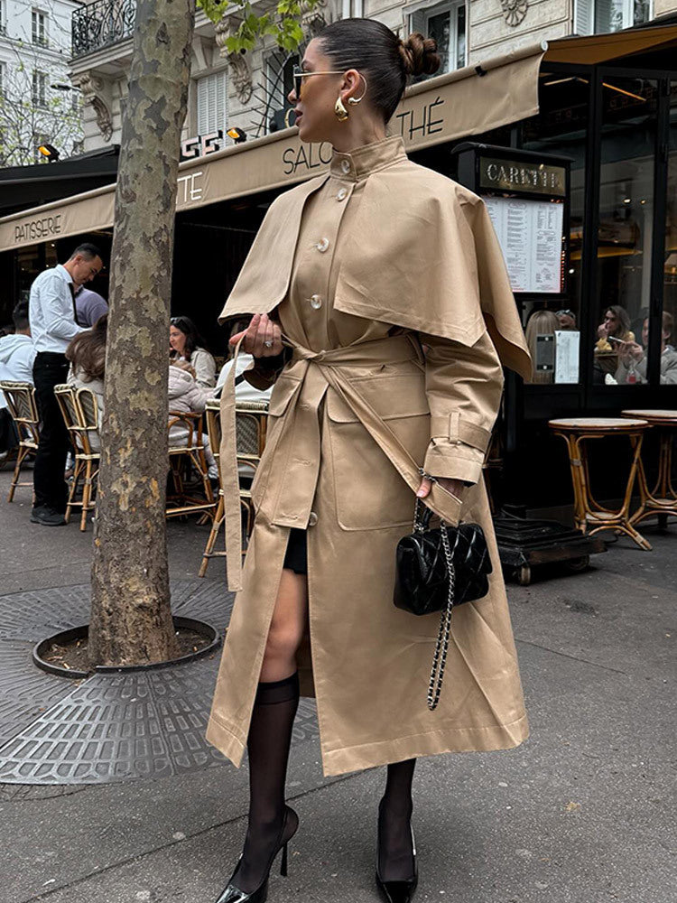 Women Long Trench Coat with Capelet, Waist Belt and Storm Collar Mune Fashion
