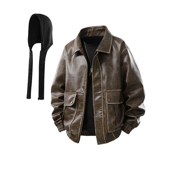 Men's Oversized Faux-Leather Bomber Jacket with Removable Hood and Utility Pockets Mune Fashion