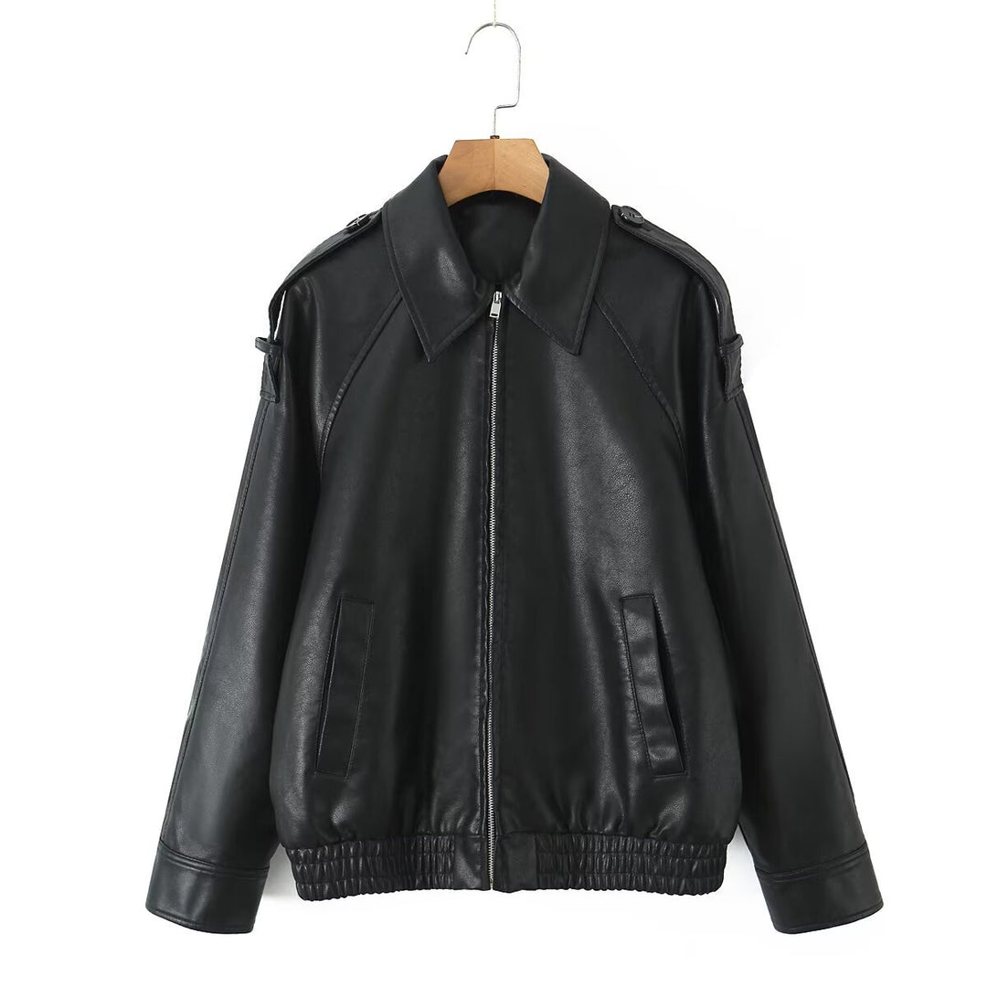 Women's Oversized Faux Leather Flight Jacket with Bonded Collar, Shoulder Epaulettes, and Elastic Hem Mune Fashion