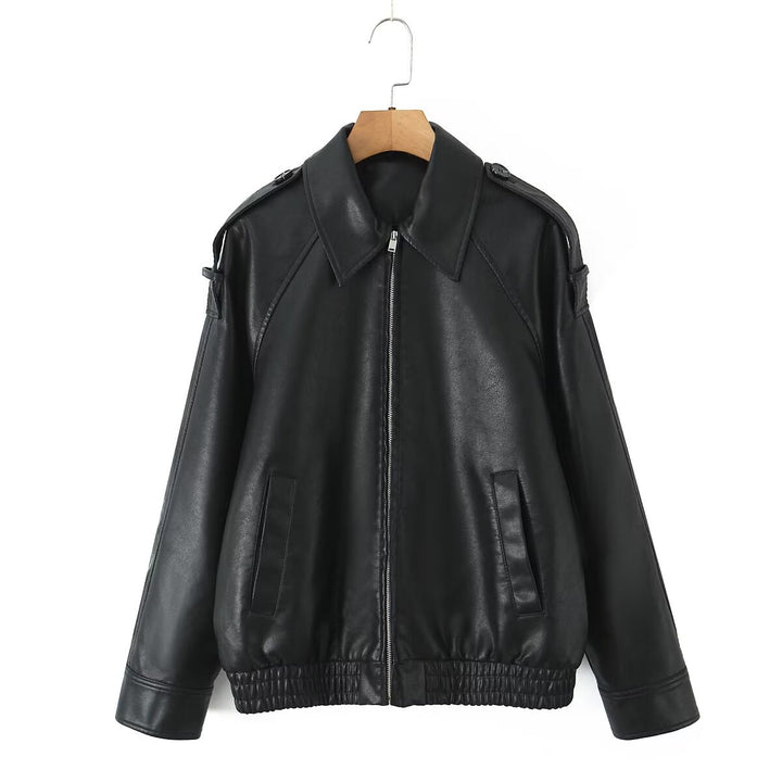 Women's Oversized Faux Leather Flight Jacket with Bonded Collar, Shoulder Epaulettes, and Elastic Hem Mune Fashion