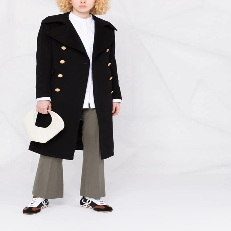 Women's Double-Breasted Long Coat in Naval Coat Style with Distinctive Metal Buttons Mune Fashion