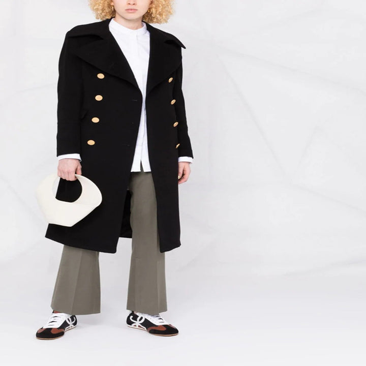 Women's Double-Breasted Long Coat in Naval Coat Style with Distinctive Metal Buttons Mune Fashion