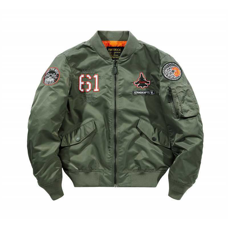 Men's short-cut flight bomber jacket with emblem patch, sleeve utility pocket and contrasting interior lining Mune Fashion