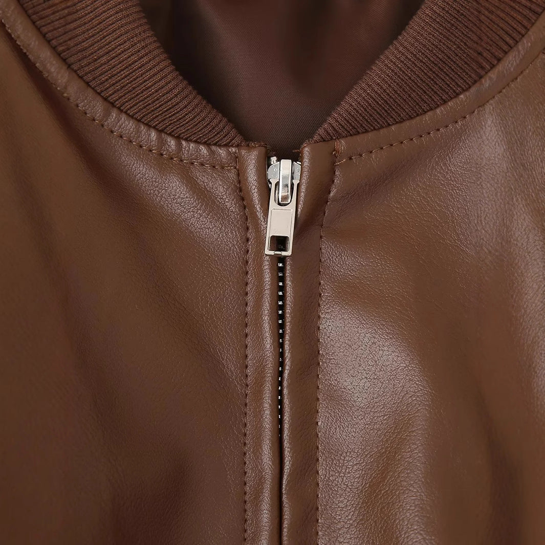 Women's fitted short faux leather bomber jacket with sleeve zipper and ribbed cuffs Mune Fashion