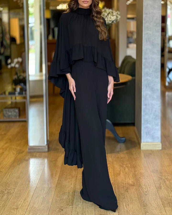 Women's Elegant Jumpsuit with Cape Ruffle and Wide Palazzo Pants Leg Drune