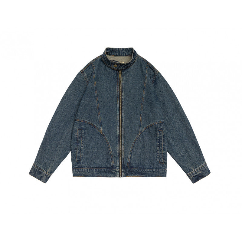 Unisex boxy denim jacket with stand-up collar, full-length zipper and shaped front pockets Mune Fashion