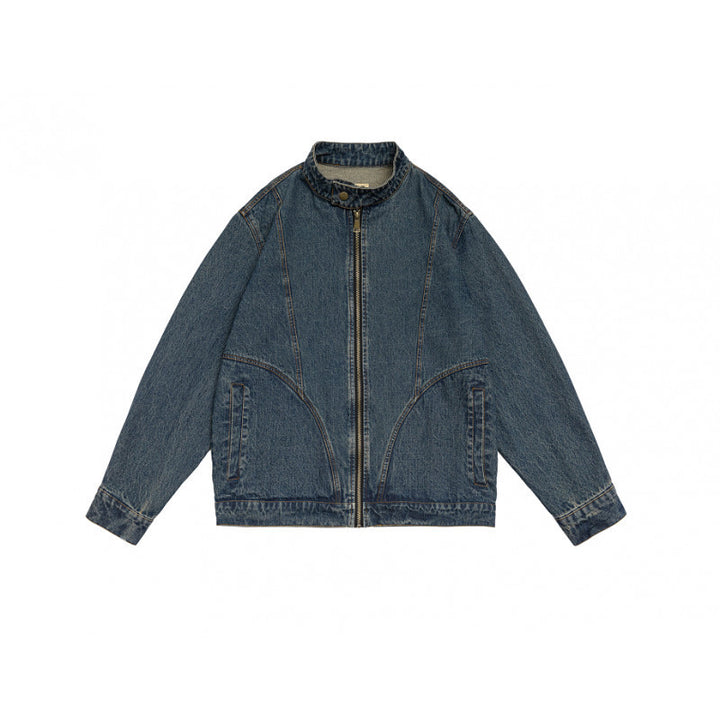 Unisex boxy denim jacket with stand-up collar, full-length zipper and shaped front pockets Mune Fashion