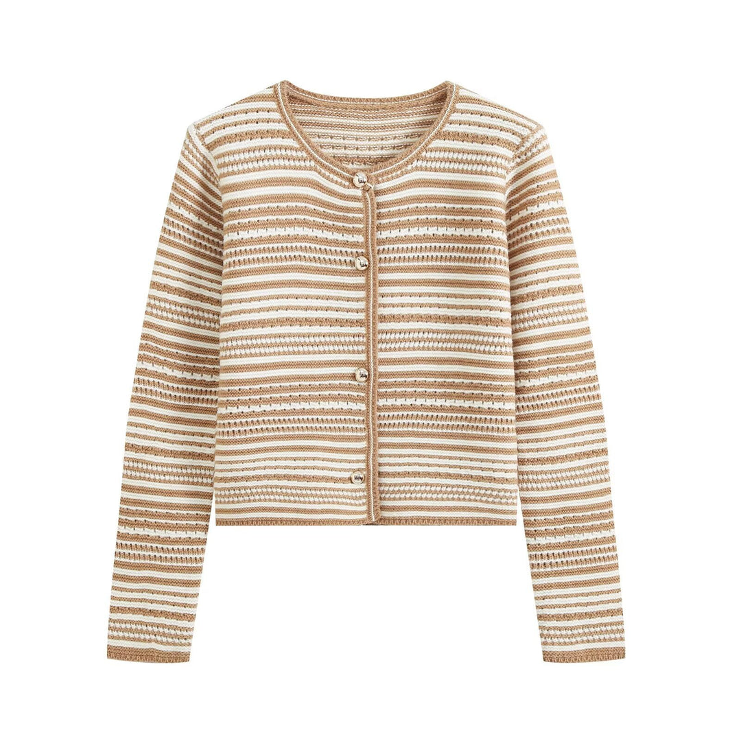 Women's Structured Stripe Fine Knit Cardigan with Decorative Buttons Mune Fashion