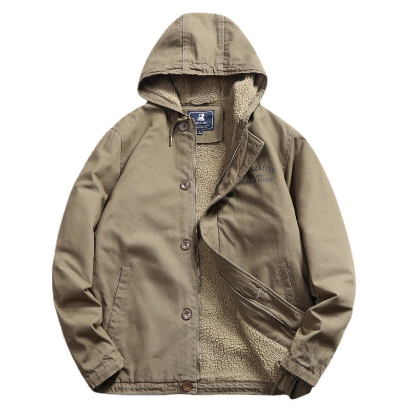 Men's cotton canvas hooded jacket with full teddy lining, concealed button and zipper placket, and inner pocket Mune Fashion