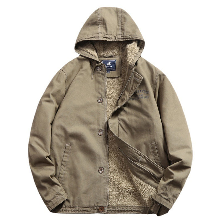 Men's cotton canvas hooded jacket with full teddy lining, concealed button and zipper placket, and inner pocket Mune Fashion