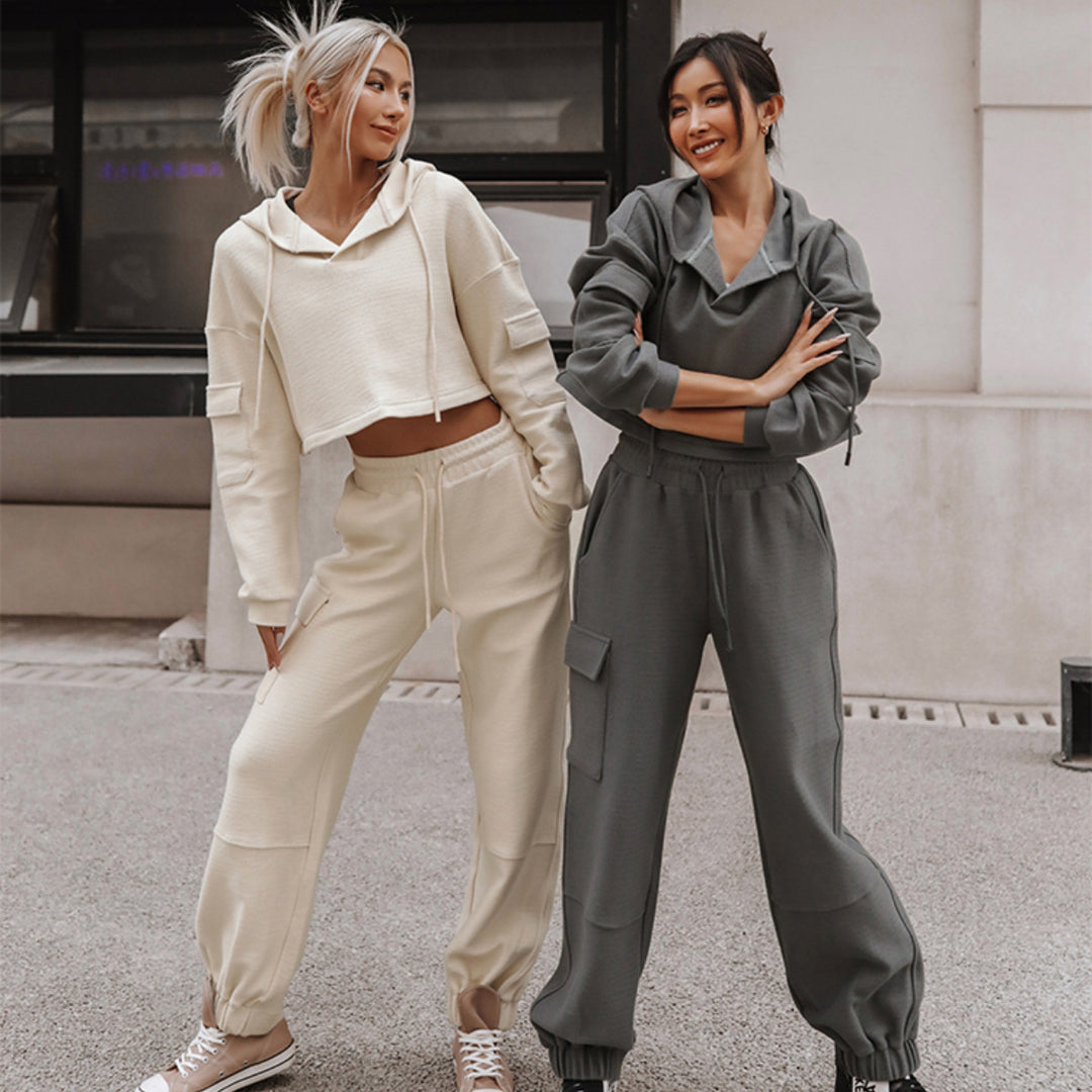 Women's nan Cropped Hoodie with Highwaist Cargo Jogging Pants Set Mune Fashion