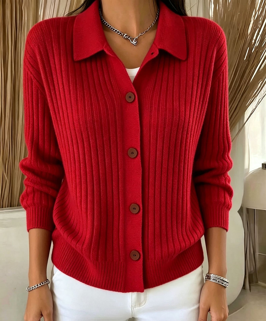 Women's Fine Ribbed Button Cardigan with Shirt Collar and Boxy Silhouette Mune Fashion