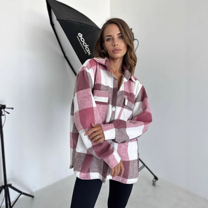 Women's Checked Overshirt in Shacket Style with Hem Pockets and Button Closure Mune Fashion
