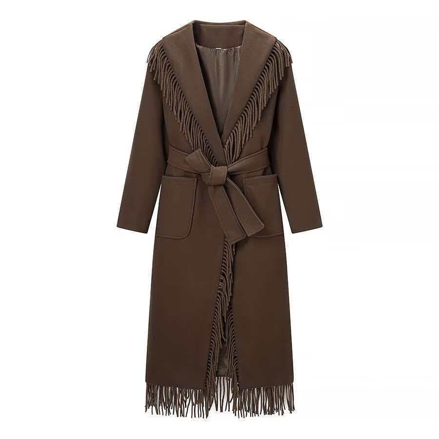 Ladies Long Fringe Wool Blend Coat with Hood, Tie Belt and Patch Pockets Mune Fashion