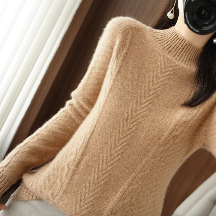 Women Lightweight Mohair-Look Stand Collar Sweater with Cable-Lace and Tailored Silhouette Mune Fashion
