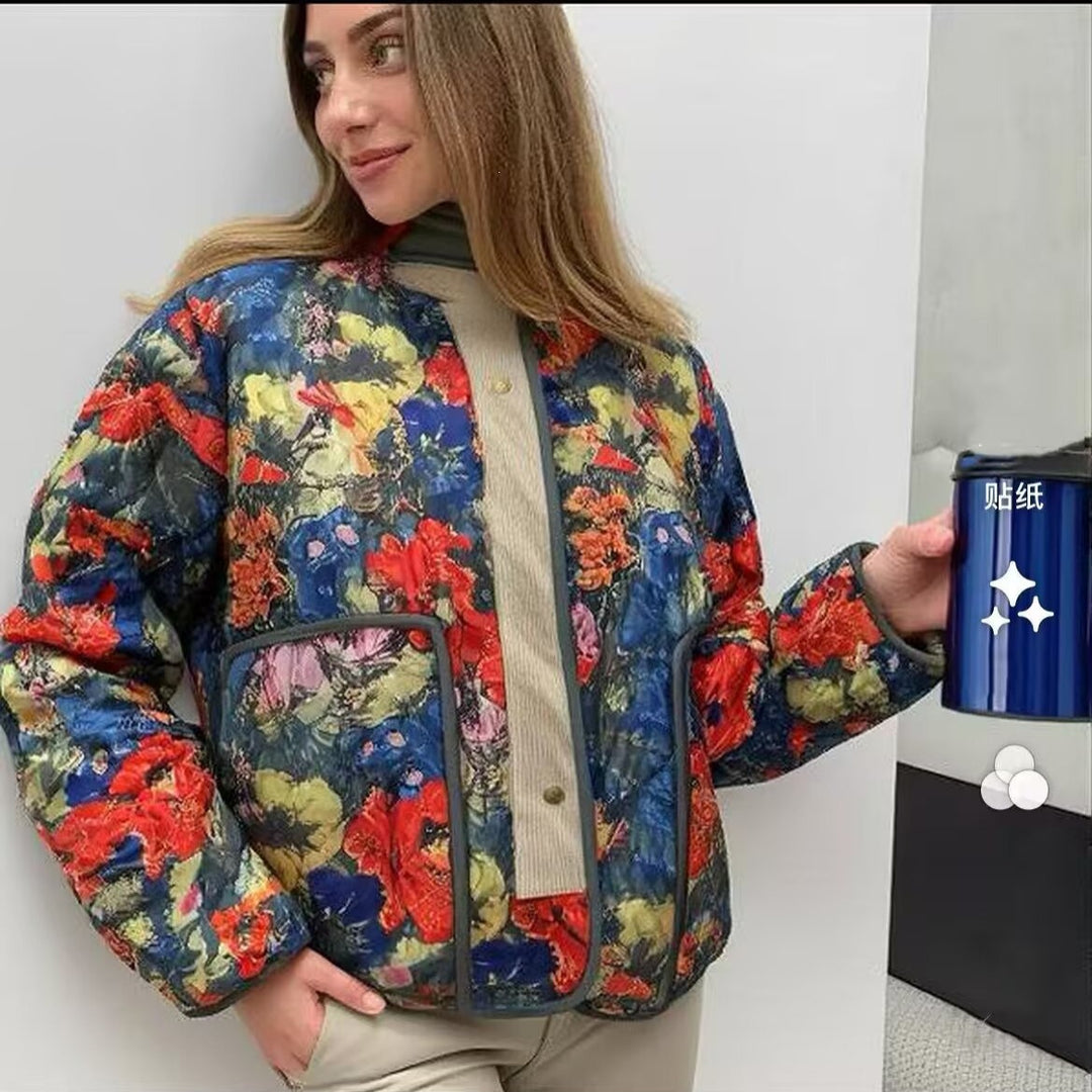 Women Quilted Transitional Jacket with Floral Allover Pattern and Stand Collar Mune Fashion