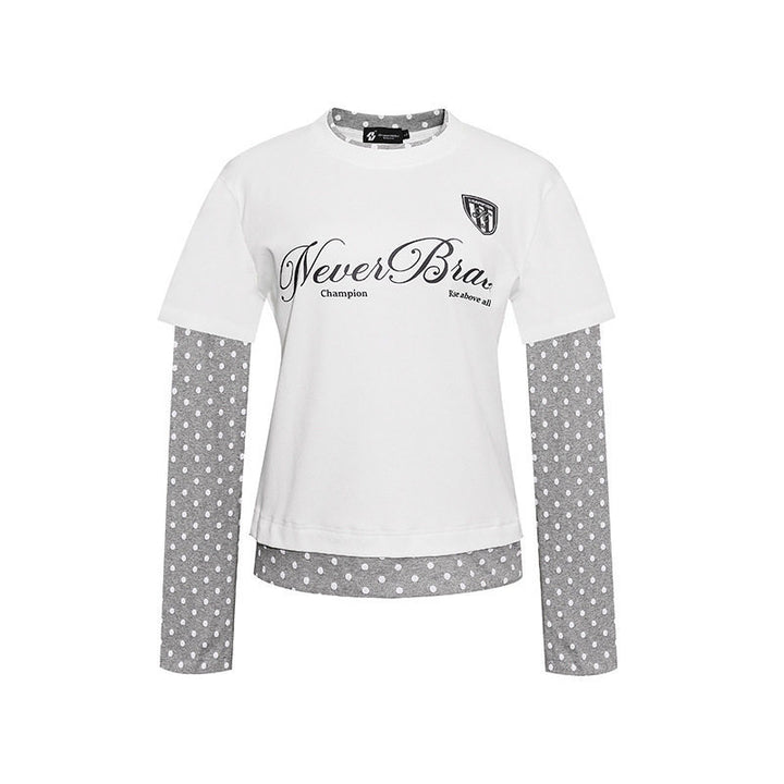 Women's Layered Long Sleeve Shirt with Polka Dot Inner Layer and Calligraphic Statement Print Mune Fashion