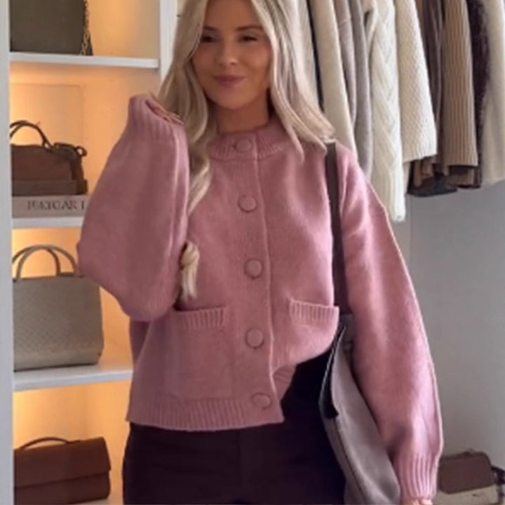 Women's Chunky Knit Cropped Cardigan with Round Snap Buttons and Oversized Sleeves Mune Fashion