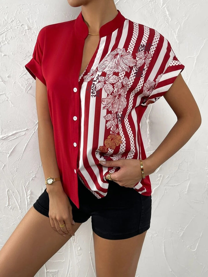 Women’s short sleeve blouse with stand collar and asymmetric stripe-floral print Mune Fashion