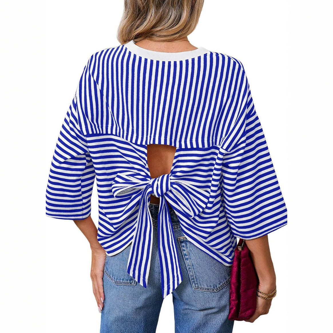 Women's Striped Oversize Shirt with Back Cutout and Bow Tie Mune Fashion
