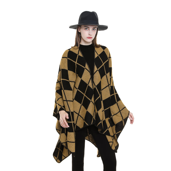 Women's Oversized Cape in Plaid Blanket Style made of Wool Blend with Open Fall Mune Fashion