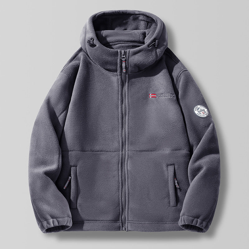 Unisex nan Hooded Fleece Jacket with high collar, full zip and side pockets.
