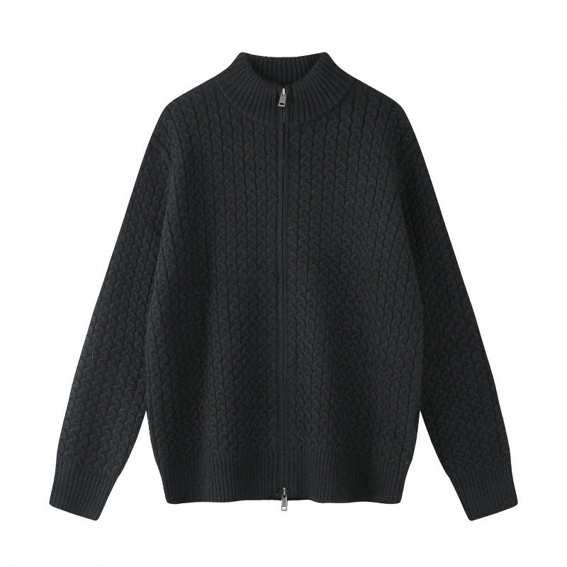 Unisex Boxy Cardigan with Cable Pattern, Stand-up Collar and Two-way Zipper Mune Fashion