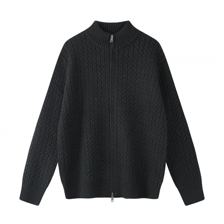 Unisex Boxy Cardigan with Cable Pattern, Stand-up Collar and Two-way Zipper Mune Fashion