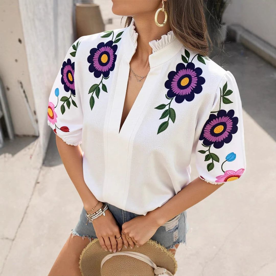 Women's Romantic Chiffon Blouse with Ruffled Collar, Puff Sleeves and Embroidered Flower Sleeves Mune Fashion