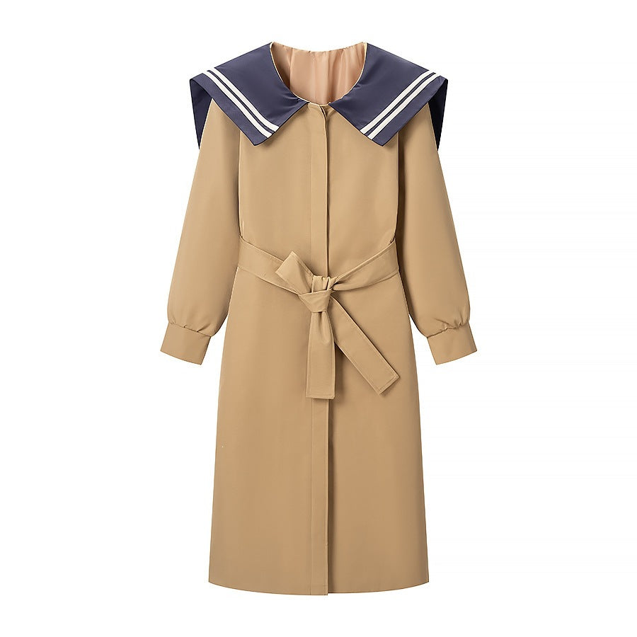 Women's coat with oversized sailor collar, belted waist and concealed button placket Mune Fashion