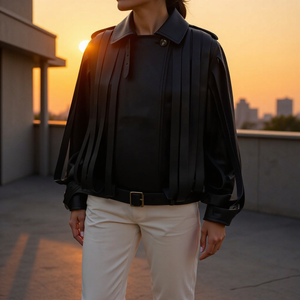 Ladies Faux Leather Fringe Blouson with Stand-up Collar and Waist Belt Mune Fashion