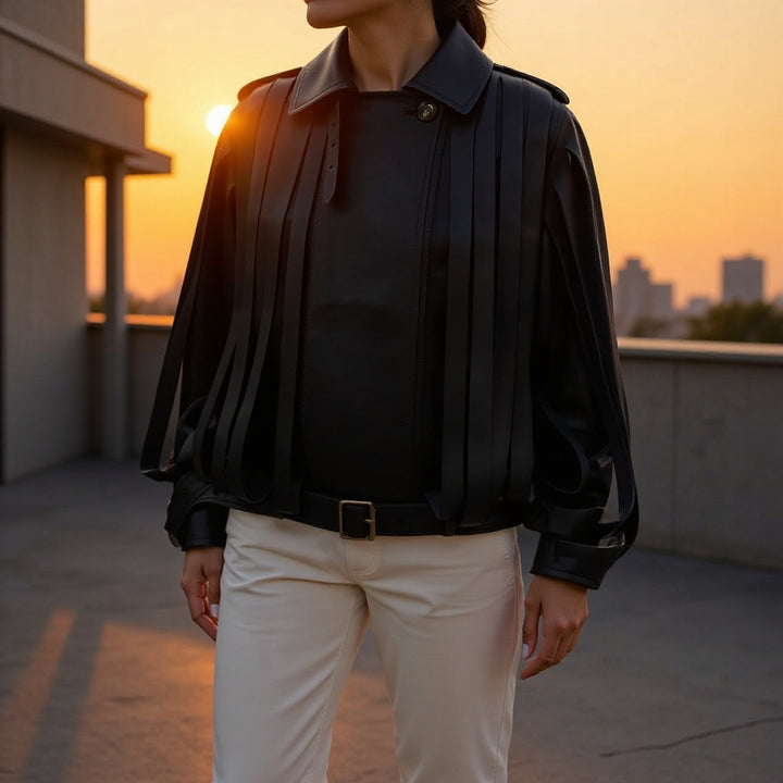 Ladies Faux Leather Fringe Blouson with Stand-up Collar and Waist Belt Mune Fashion