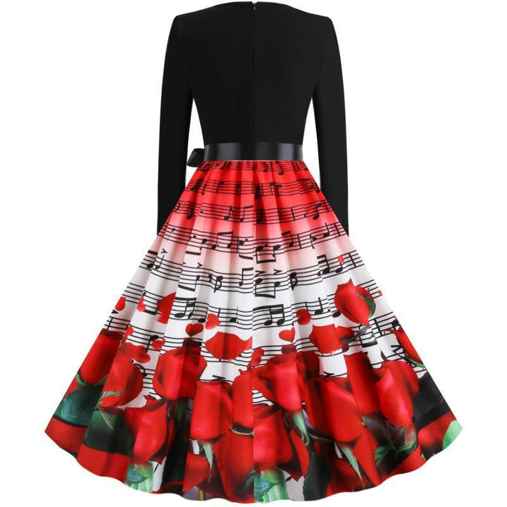 Women's fitted A-line dress with music notes and rose print long sleeves and waist bow Mune Fashion