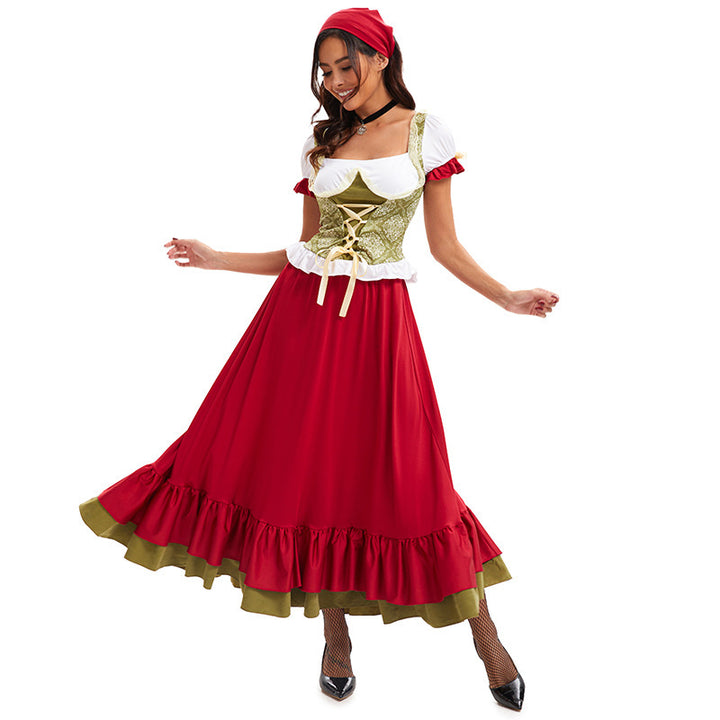 Ladies Bavarian Oktoberfest Beer Girl Costume with lace-up bodice puff sleeves and layered skirt Mune Fashion