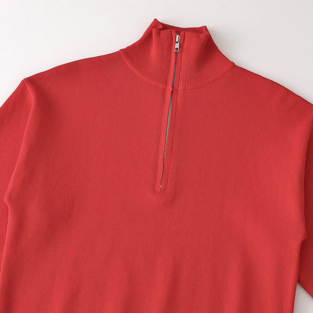 Women's Relaxed Half-Zip Fine Knit Sweater with Stand Collar and Dropped Shoulder Mune Fashion