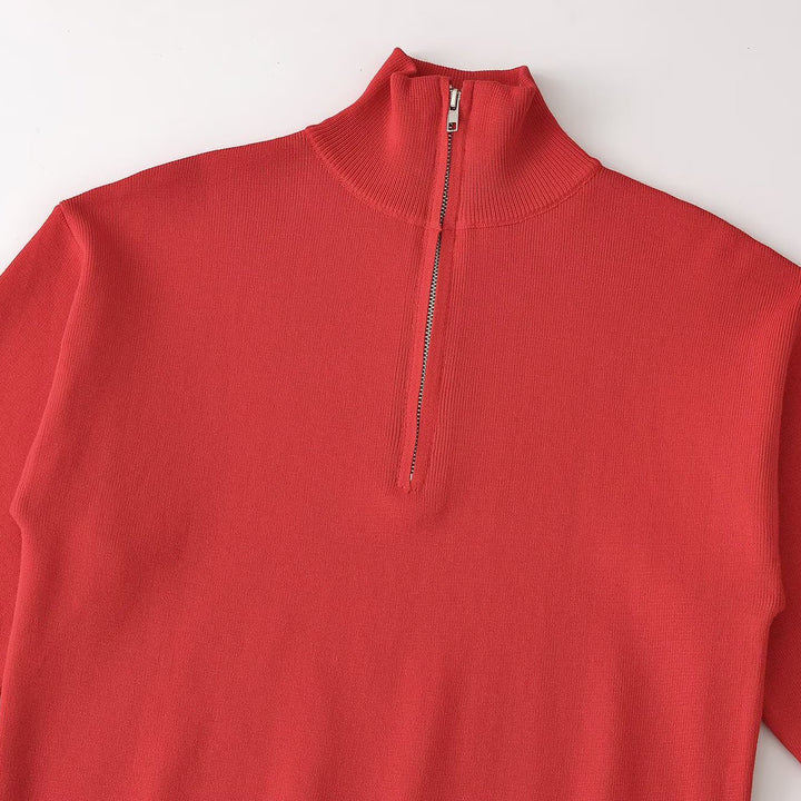 Women's Relaxed Half-Zip Fine Knit Sweater with Stand Collar and Dropped Shoulder Mune Fashion