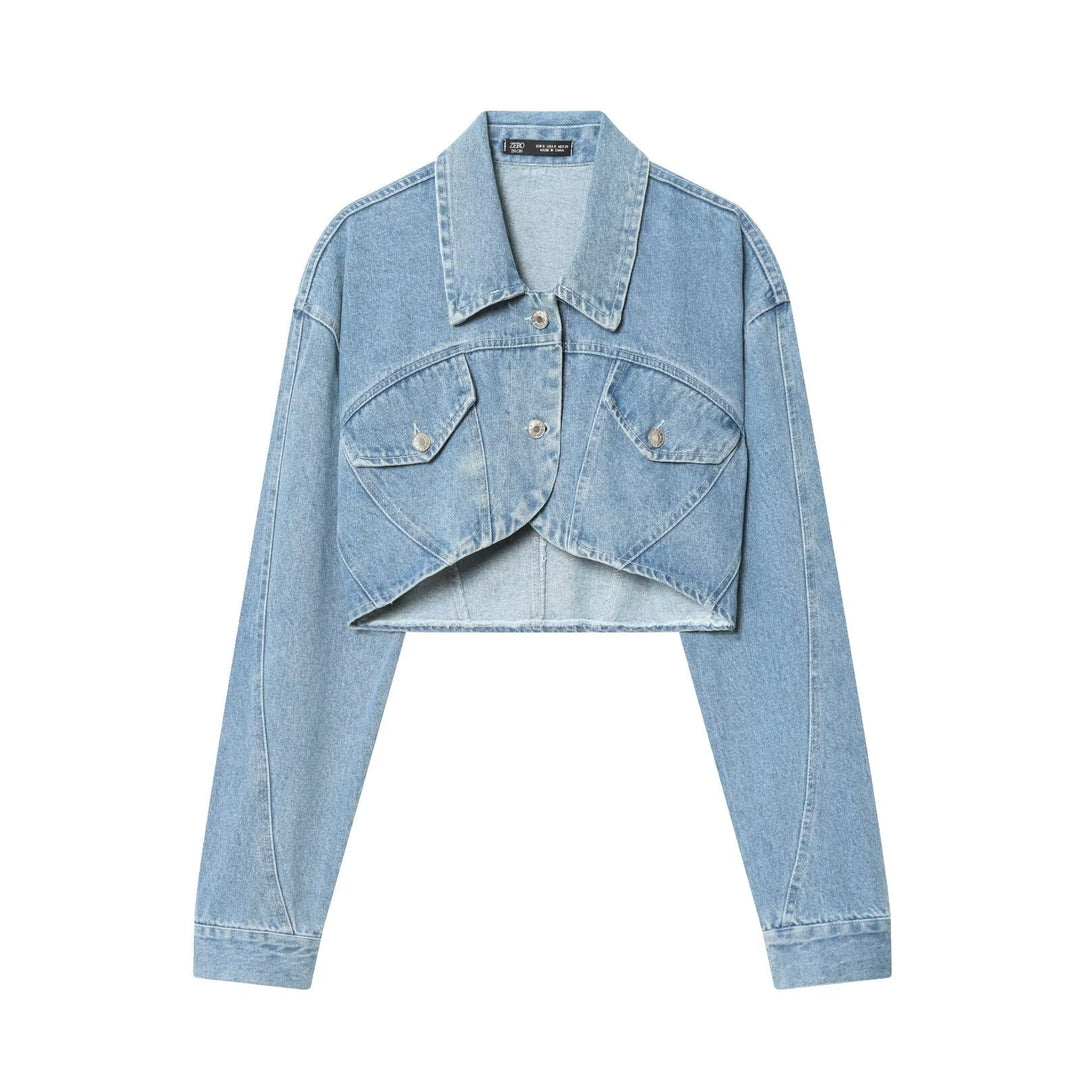 Women Cropped Denim Jacket with Asymmetrical Hem and Flap Pockets Mune Fashion
