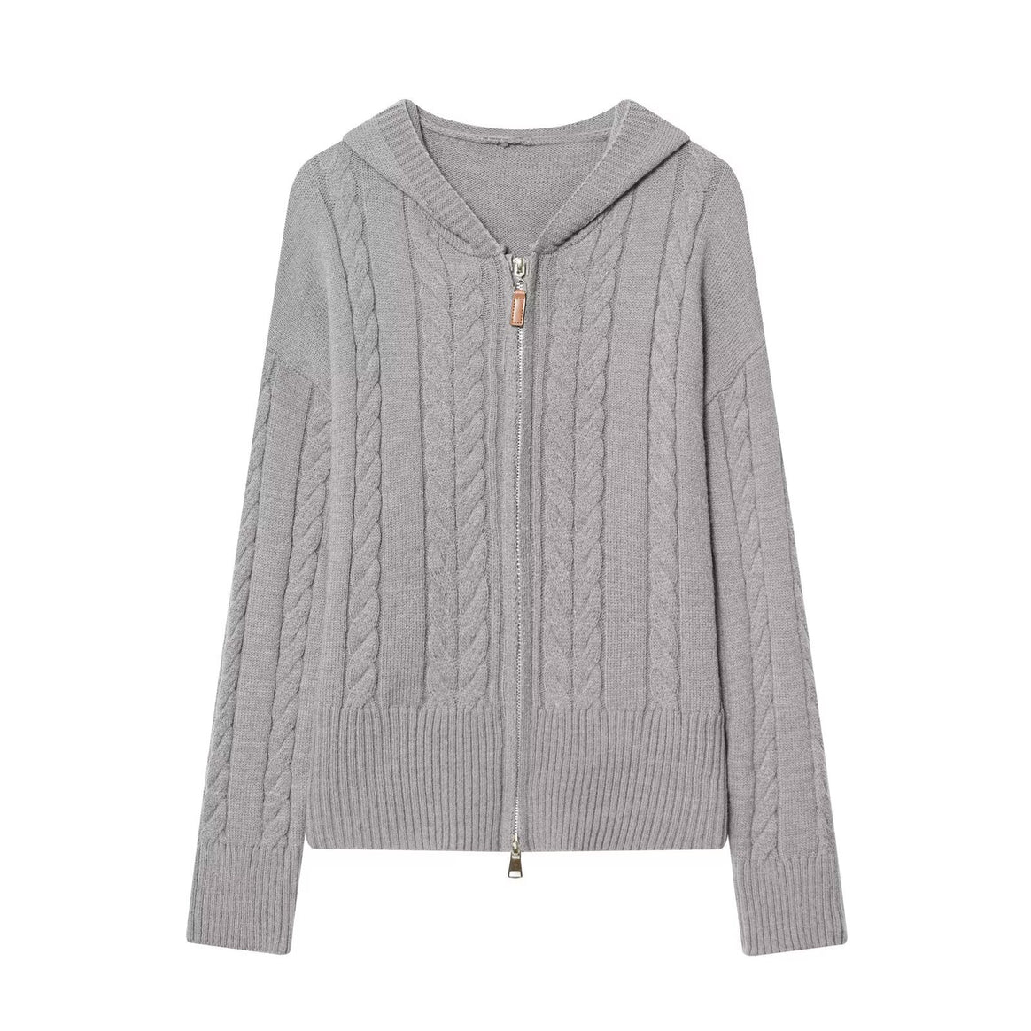 Ladies hooded cardigan with cable knit pattern and metal zipper Mune Fashion