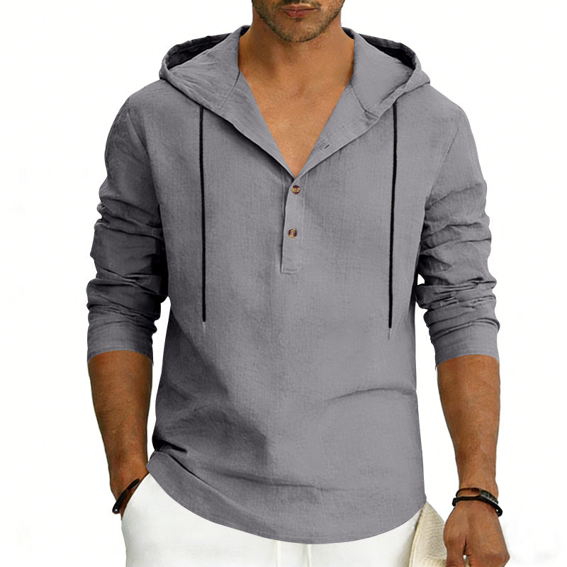 Men's Linen Henley Hooded Shirt with Short Button Placket, Hood, and Relaxed Fit Mune Fashion