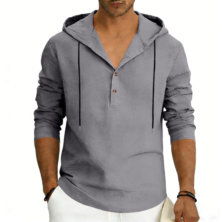 Men's Linen Henley Hooded Shirt with Short Button Placket, Hood, and Relaxed Fit Mune Fashion