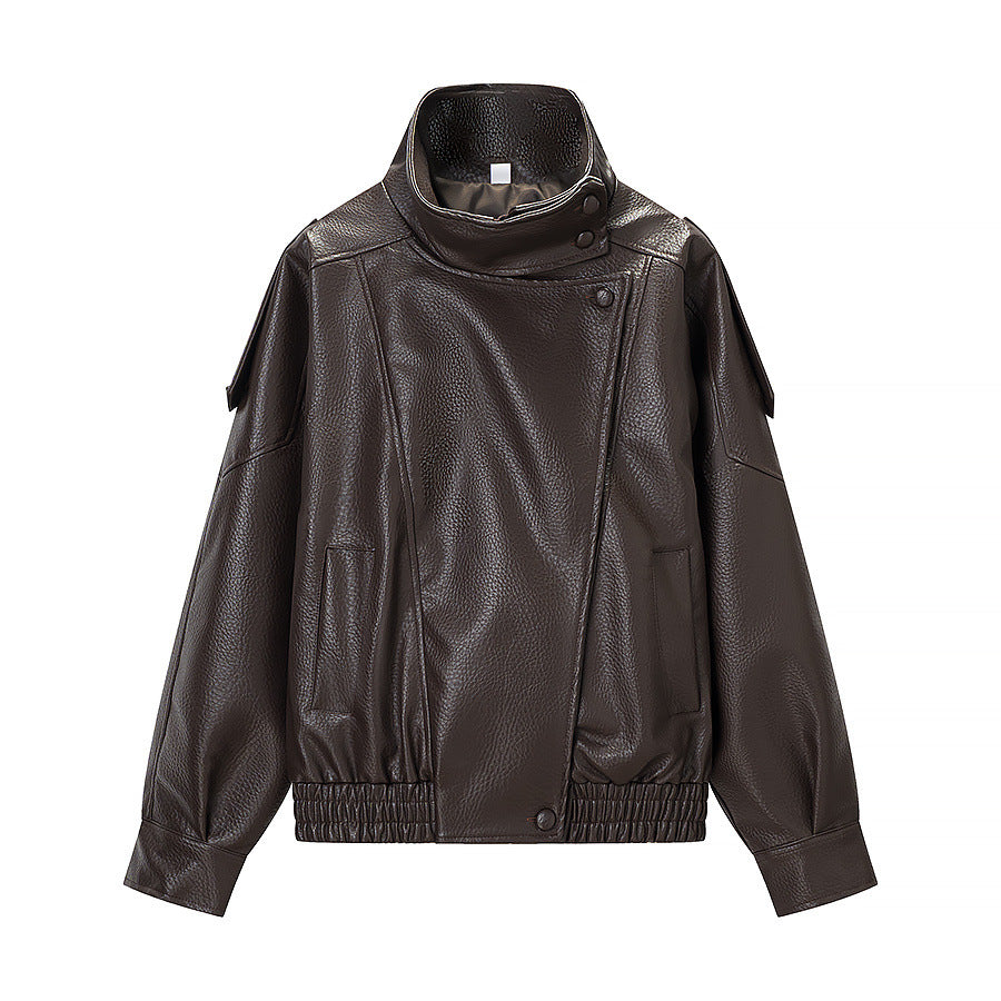 Women's oversized faux leather jacket with high stand-up collar, asymmetric snap button placket, and elastic hem Mune Fashion