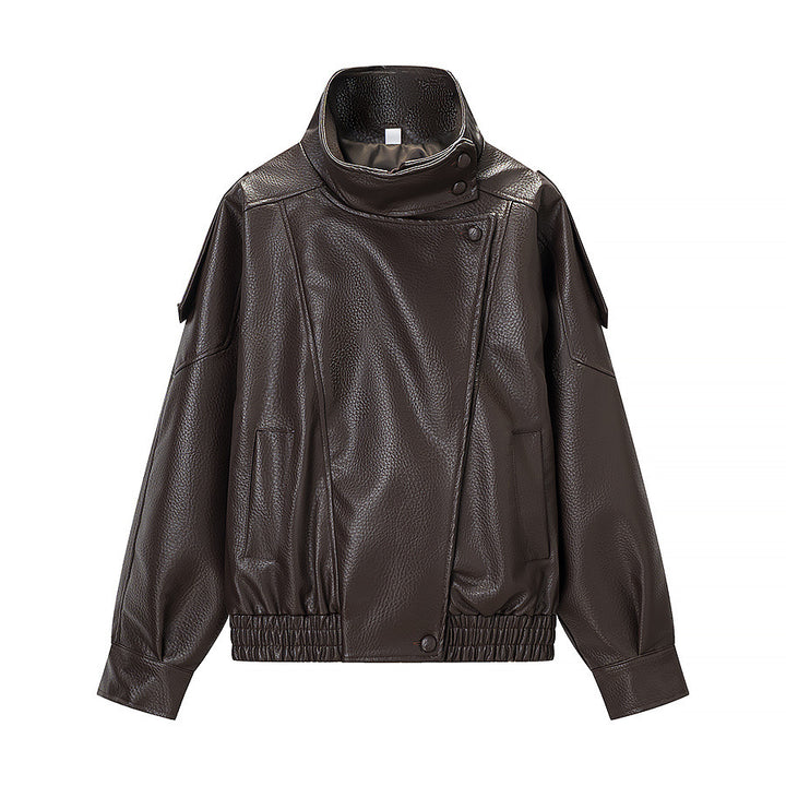 Women's oversized faux leather jacket with high stand-up collar, asymmetric snap button placket, and elastic hem Mune Fashion