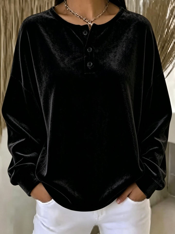 Women Casual Oversized Velvet Henley Shirt with Button Placket Mune Fashion