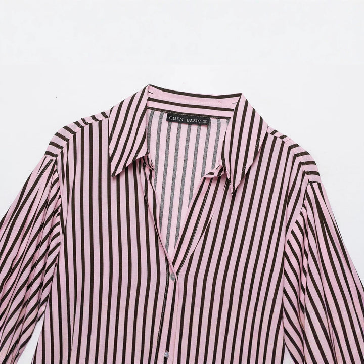 Women's Striped Oversize Blouse with Balloon Sleeves and Full Button Placket Drune