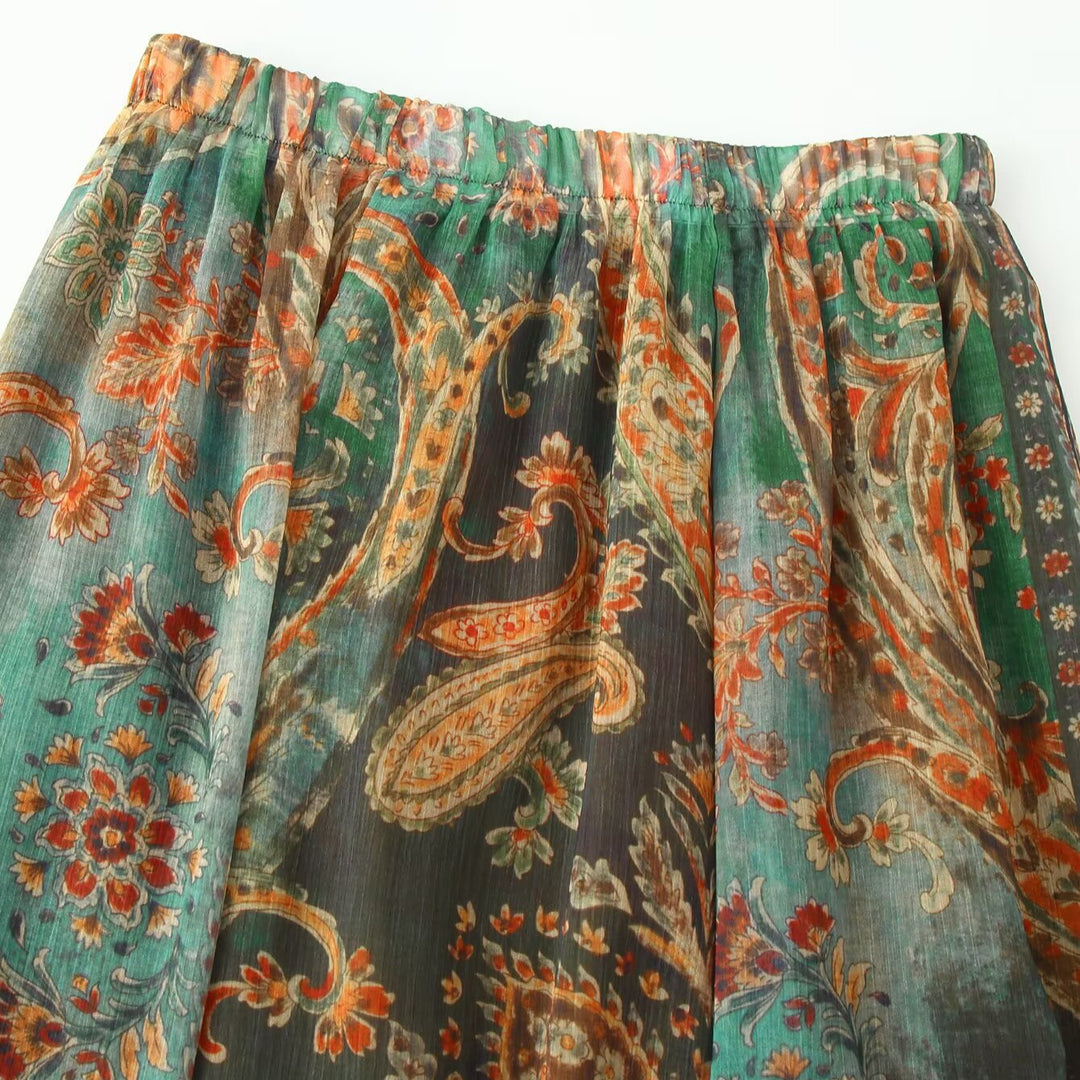 Women's Flowing Maxi Skirt with Paisley Print and Elastic Waistband Mune Fashion