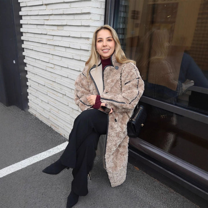 Women's Long Teddy Coat with Contrast Seams, Stand Collar and Button Placket Mune Fashion