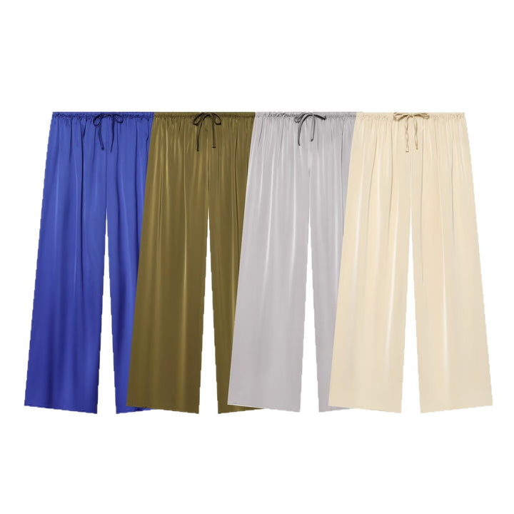 Women's Wide Satin Pants with Elastic Drawstring Waistband and Wide Leg Mune Fashion