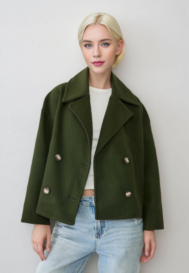 Women's short double-breasted wool blend coat jacket in boxy cut with wide lapel collar Mune Fashion